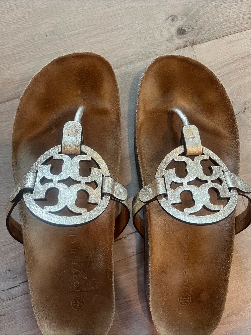 Tory Burch Miller Cloud Metallic Spark Gold Logo Thong Sandals